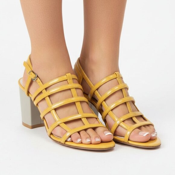 Kenneth Cole New York Patent Leather Caged Sandals Ankle strap Yellow Grey - Picture 1 of 13